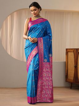 Libas - Blue Peacock Zari Saree with Floral Woven Design Border