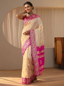 Libas - Beige Ethnic Motif Zari Saree with Floral Woven Design Border