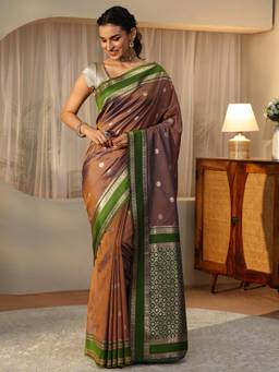 Libas - Brown Ethnic Motif Zari Saree with Floral Woven Design Border