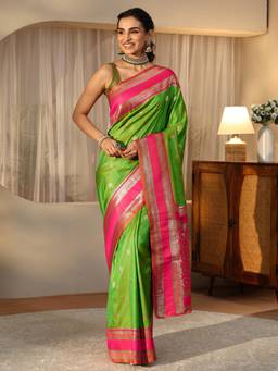Libas - Green Ethnic Motif Zari Saree with Floral Woven Design Border