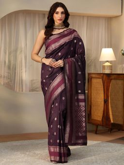 Libas - Purple Ethnic Motif Zari Saree with Floral Woven Design Border