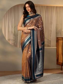 Libas - Brown Ethnic Motif Zari Saree with Floral Woven Design Border
