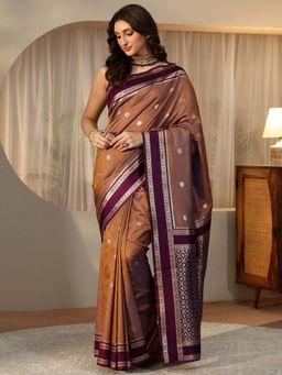 Libas - Brown Ethnic Motif Zari Saree with Floral Woven Design Border