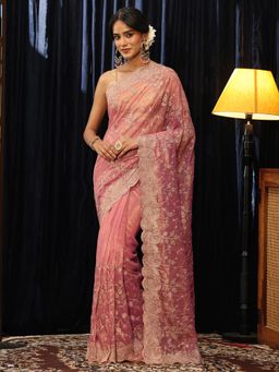 Libas - Pink Floral Zari Saree with Embroidered Border