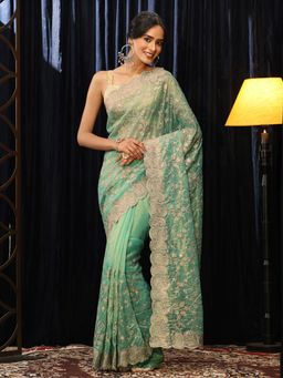 Libas - Green Floral Zari Saree with Embroidered Border