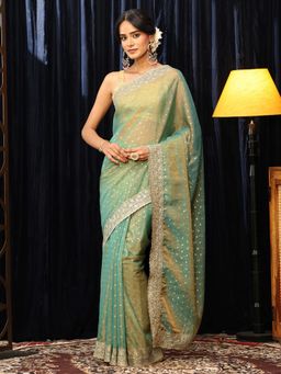 Libas - Green Zari Woven Design Saree with Floral Embroidered Border