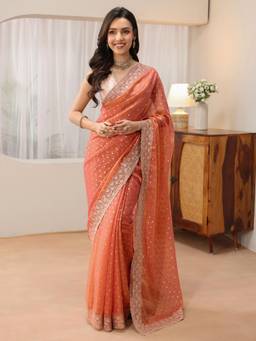 Libas - Peach Zari Woven Design Saree with Floral Embroidered Border