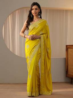 Libas - Yellow Floral Zari Embroidered Saree with Floral Embroidered Border