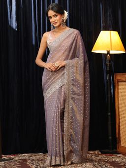 Libas - Lavender Zari Woven Design Saree with Floral Embroidered Border