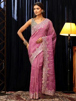 Libas - Pink Sequins Embellished Saree with Floral Embroidered Border
