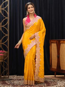Libas - Mustard Sequins Embellished Saree with Floral Embroidered Border