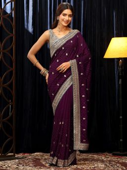 Libas - Purple Floral Zari Saree with Embroidered Border