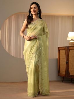 Libas - Green Solid Saree with Floral Beads Embellished Border