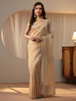 Libas - Gold Floral Beads Embellished Saree with Embellished Border