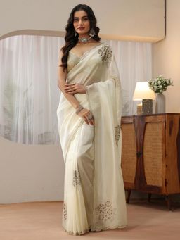 Libas - Cream Floral Beads Embellished Saree with Embellished Border