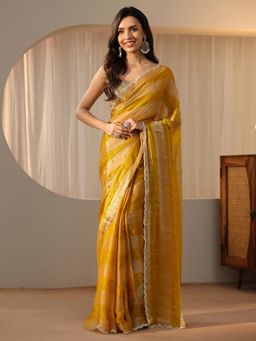 Libas - Mustard Striped Saree with Beads Embellished Border
