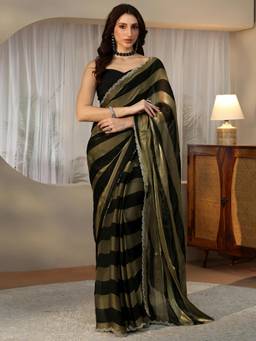 Libas - Multi-Colour Striped Saree with Beads Embellished Border