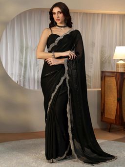 Libas - Black Solid Saree with Beads Embellished Border