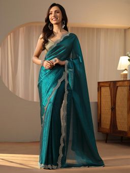 Libas - Teal Solid Saree with Beads Embellished Border