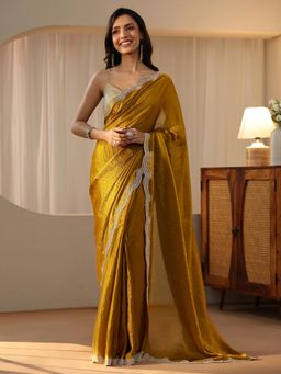 Libas - Mustard Solid Saree with Beads Embellished Border