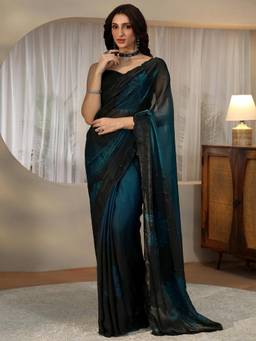 Libas - Blue Floral Printed Beads Embellished Saree with Embellished Border