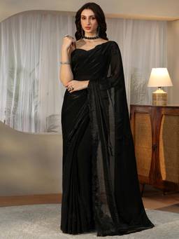Libas - Black Floral Beads Embellished Saree with Embroidered Border