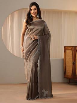 Libas - Taupe Floral Beads Embellished Saree with Embroidered Border