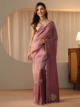 Libas - Mauve Floral Beads Embellished Saree with Embroidered Border