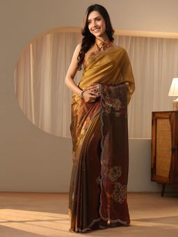 Libas - Mustard Floral Printed Saree with Beads Embellished Border