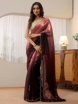 Libas - Purple Floral Printed Saree with Beads Embellished Border
