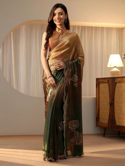 Libas - Green Floral Printed Saree with Beads Embellished Border