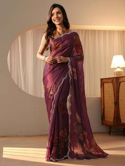 Libas - Purple Floral Printed Saree with Beads Embellished Border