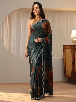 Libas - Green Floral Printed Saree with Beads Embellished Border