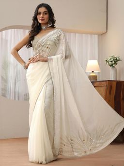 Libas - White Floral Beads Embellished Saree with Embellished Border