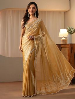 Libas - Gold Floral Beads Embellished Saree with Embellished Border