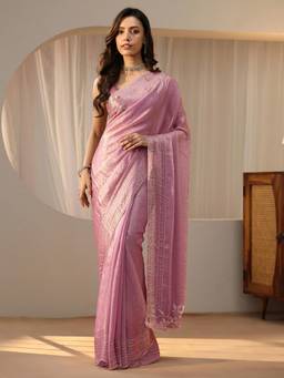 Libas - Pink Solid Saree with Floral Beads Embellished Border