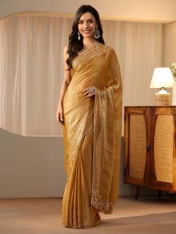 Libas - Gold Solid Saree with Floral Beads Embellished Border