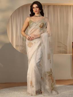 Libas - White Floral and Beads Embellished Saree with Embellished Border