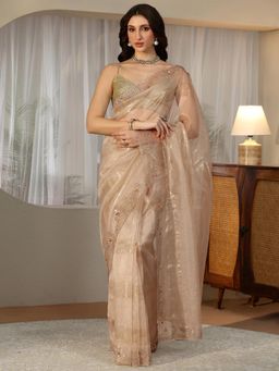 Libas - Beige Floral Saree with Beads Embellished Border