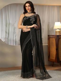 Libas - Black Saree with Floral Beads Embellished Border