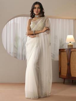 Libas - White Solid Saree with Floral Beads Embellished Border
