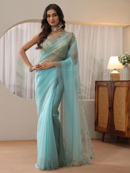 Libas - Blue Solid Saree with Floral Beads Embellished Border