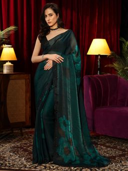 Libas - Green Floral Printed Saree with Beads Embellished Border