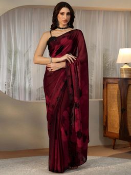 Libas - Red Floral Saree with Beads Embellished Border