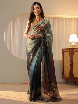 Libas - Blue Floral Printed Saree with Beads Embellished Border