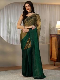Libas - Green Solid Saree with Floral Beads Embellished Border