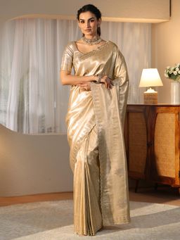 Libas Art - Gold Ethnic Motif Woven Design Saree with Beads Embellished Border
