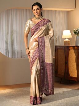 Libas Art - Gold Floral Woven Design Saree with Stonework Embellished Border