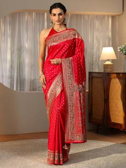 Libas Art - Red Ethnic Motif Zari Woven Design Saree with Stonework Embellished Border
