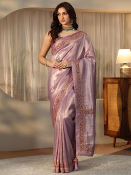 Libas Art - Pink Floral Woven Design Saree with Stonework Embellished Border
